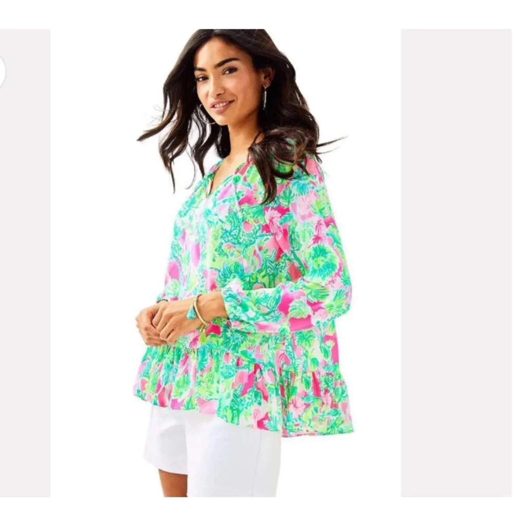 Lilly Pulitzer Women's Pink and Green Tensley Top - Picture 1 of 16
